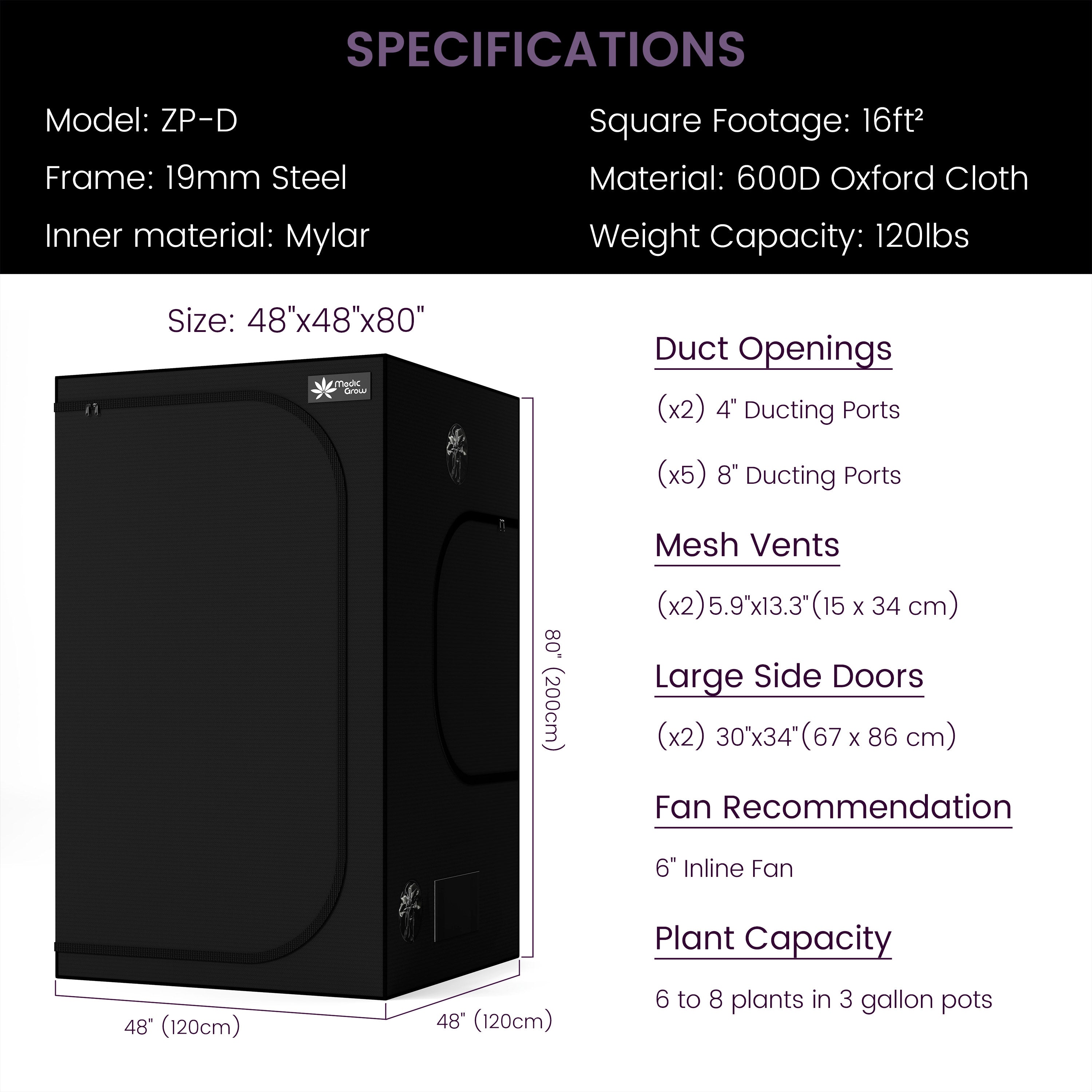 Medic Grow ZP-D 4x4 Grow Tent 48"x48"x80" (120x120x200cm) For Indoor Planting - Medicgrow